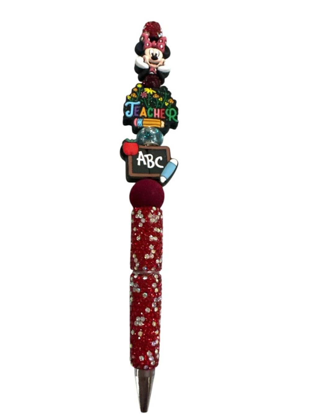 Minnie Mouse Teacher Appreciation Glitter Pen With Decorative Charms & Red Spark